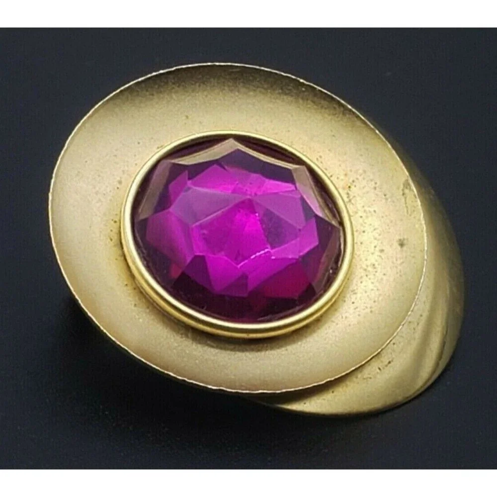 Purple Pink Sparkly Rhinestone Brooch Pin Gold Tone Layered Vintage Unique!